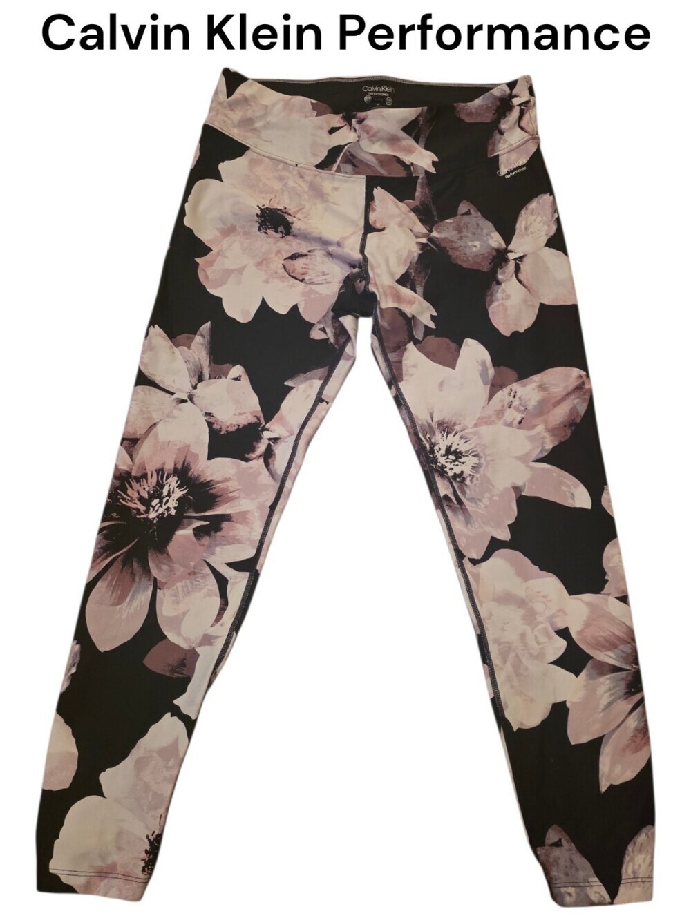 2$/25Calvin Klein Performance Black Leggings with Pink Floral Print. Size Medium